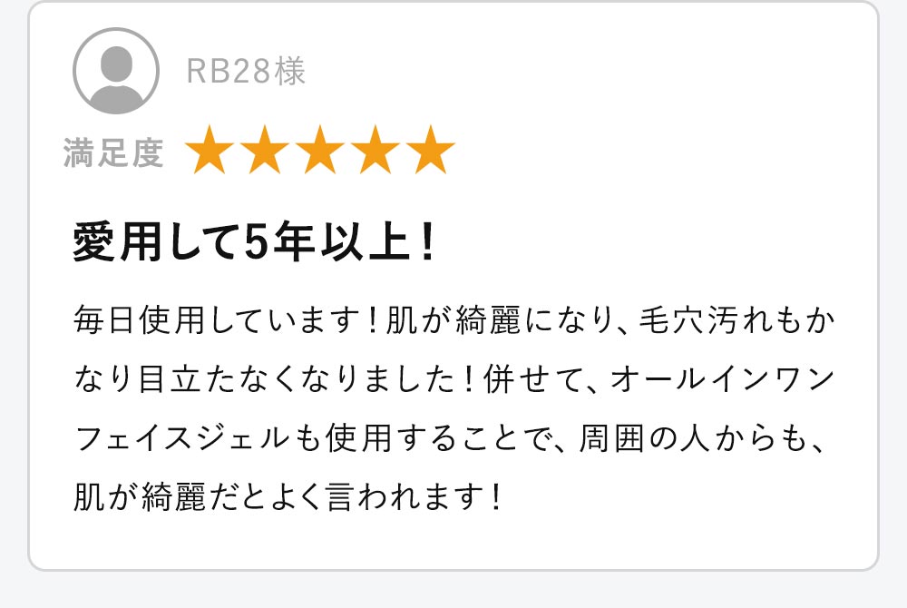 愛用して5年以上！毎日使用しています！肌が綺麗になり、毛穴汚れもかなり目立たなくなりました！併せて、オールインワンフェイスジェルも使用することで、周囲の人からも、肌が綺麗だとよく言われます