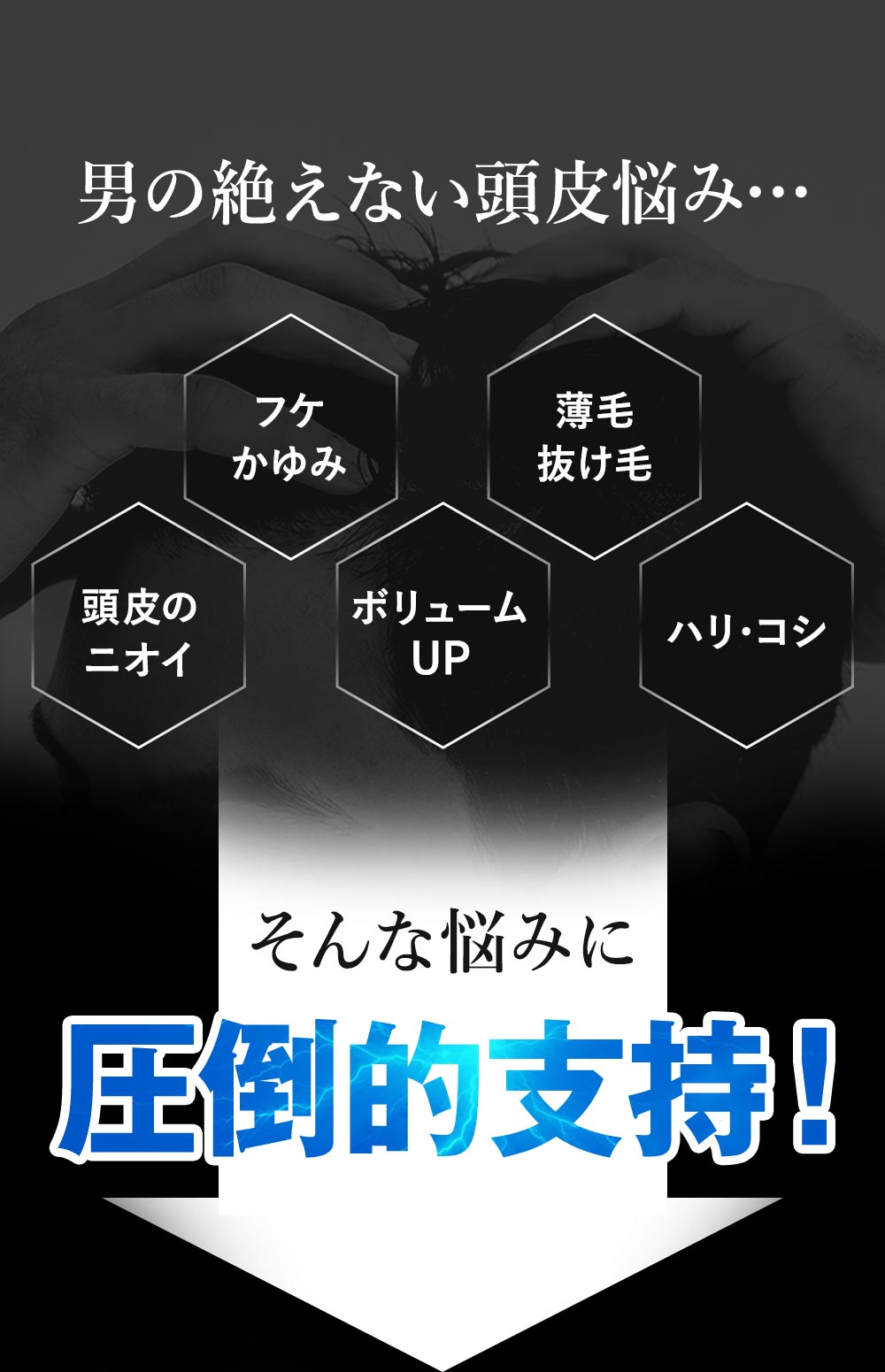 フケ・かゆみ・薄毛・抜け毛・頭皮のニオイ(頭皮臭)・ボリュームアップ(ボリューム不足)・ハリ・コシ…男の絶えない頭皮の悩みに圧倒的支持