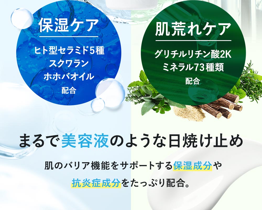 まるで美容液のような日焼け止め。肌のバリア機能をサポートする保湿成分「セラミド、スクワラン、ホホバオイル」や抗炎症成分「グリチルリチン酸2K、ミネラル」などたっぷり配合。